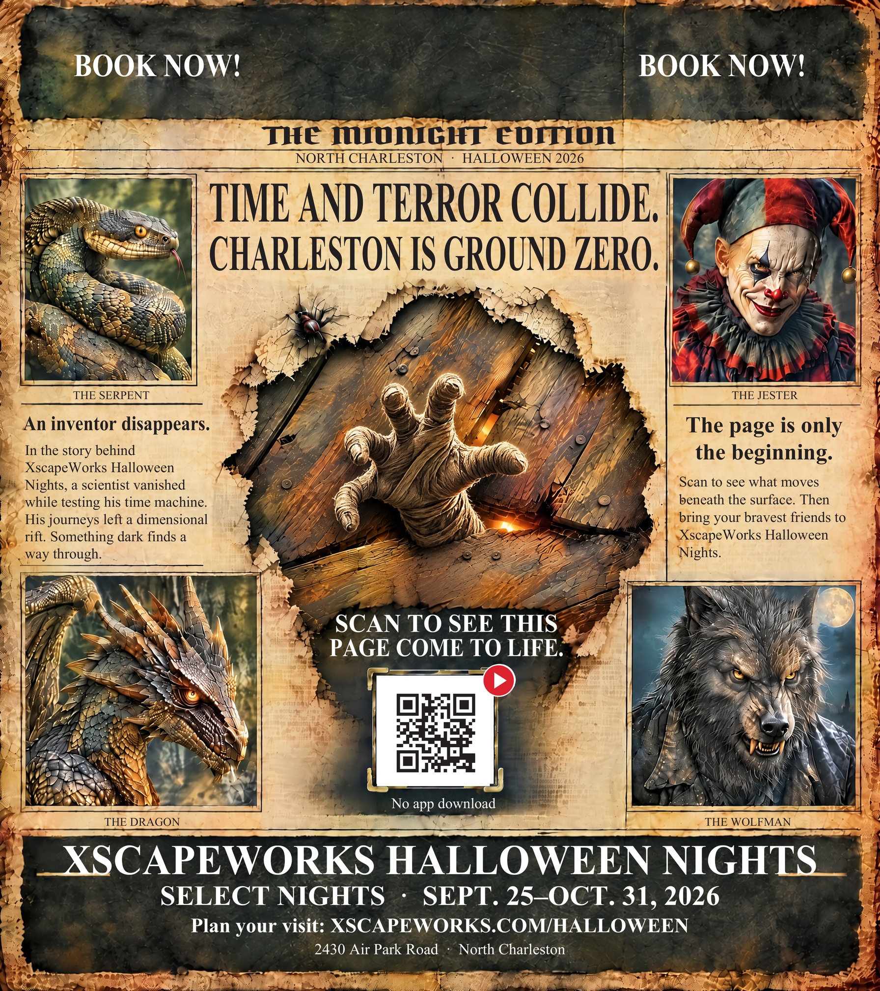 XscapeWorks Halloween newspaper ad with a hand breaking through the floor and four creature portraits