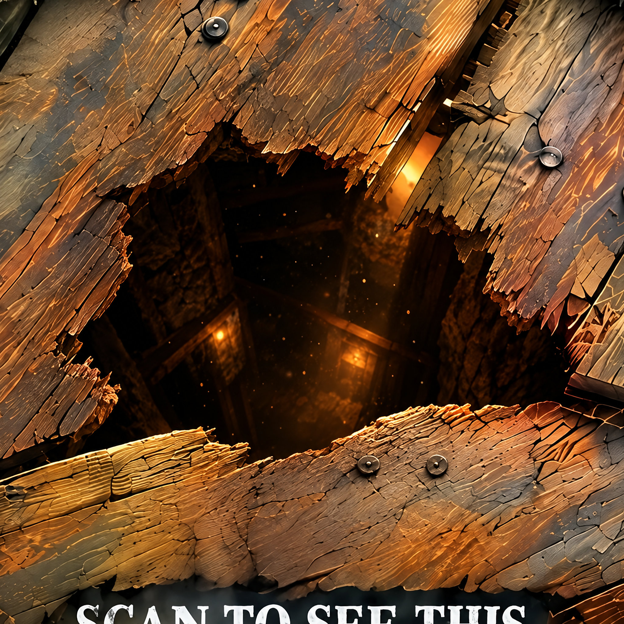 A broken wooden floor reveals a glowing world underneath